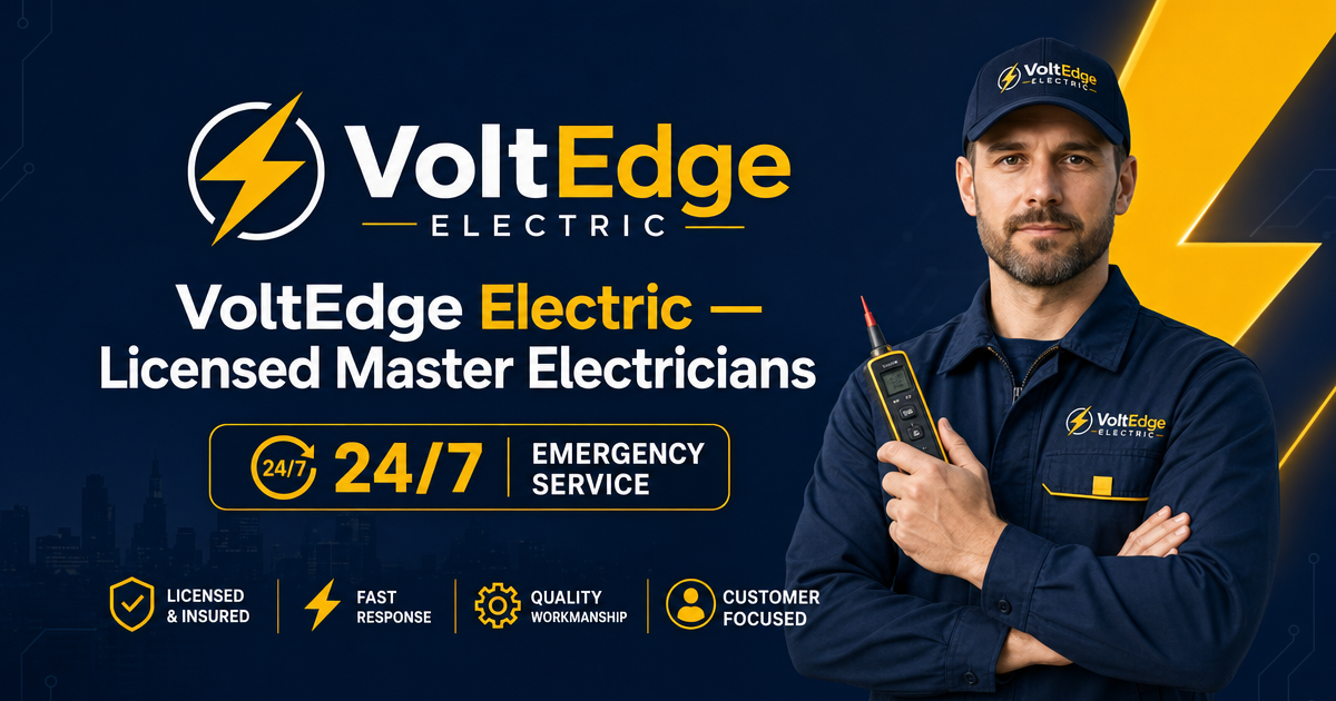 Professional branding image for VoltEdge Electric — a licensed electrician company. Show a confident master electrician in branded navy uniform with yellow accents, holding a voltage tester, with text overlay 'VoltEdge Electric — Licensed Master Electricians' and '24/7 Emergency Service'. Navy blue background with golden yellow lightning bolt accent. Modern, trustworthy, professional commercial style.
