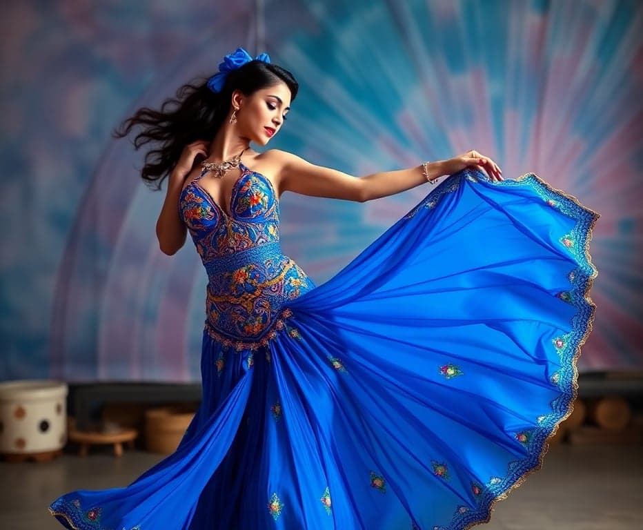 Dançarina Egípcia em Traje Dourado e Azul