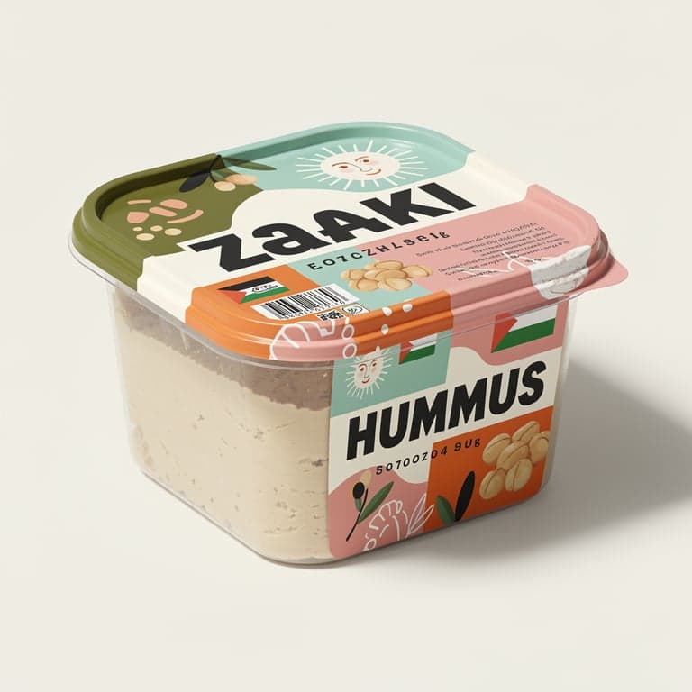 Zaaki Hummus Square Packaging — Bold Gen Z Palestinian Mockup