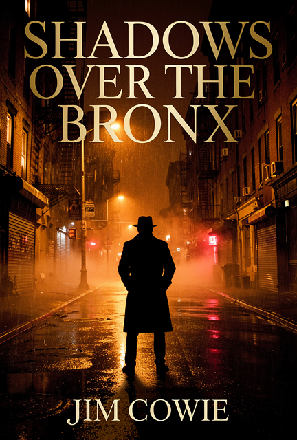 A dark, moody mystery thriller book cover. A shadowy rain-slicked Bronx street at night under orange sodium streetlights, a lone silhouetted detective figure in a long coat seen from behind. Atmospheric fog and deep shadows between tenement buildings. Cinematic noir lighting, deep blacks, crimson red and gold accents. Title text at top in elegant serif capitals reading "SHADOWS OVER THE BRONX". Author name at bottom in smaller serif capitals reading "JIM COWIE". Professional published novel cover, high contrast, dramatic.
