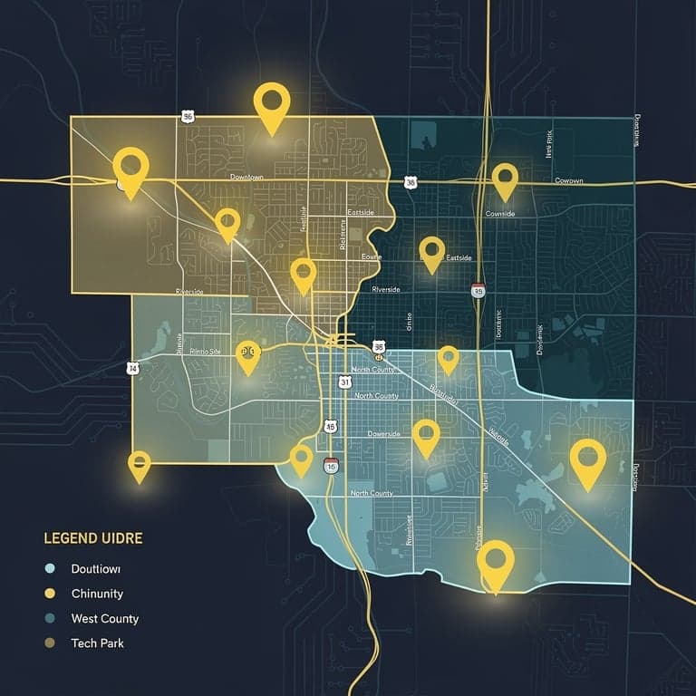 Stylized illustrated map showing electrical service coverage zones across a tri-county metro region, with glowing yellow pin markers, subtle circuit board patterns, navy blue background with golden yellow accents, modern flat design, clean and professional, top-down view of city districts with roads and neighborhoods labeled subtly