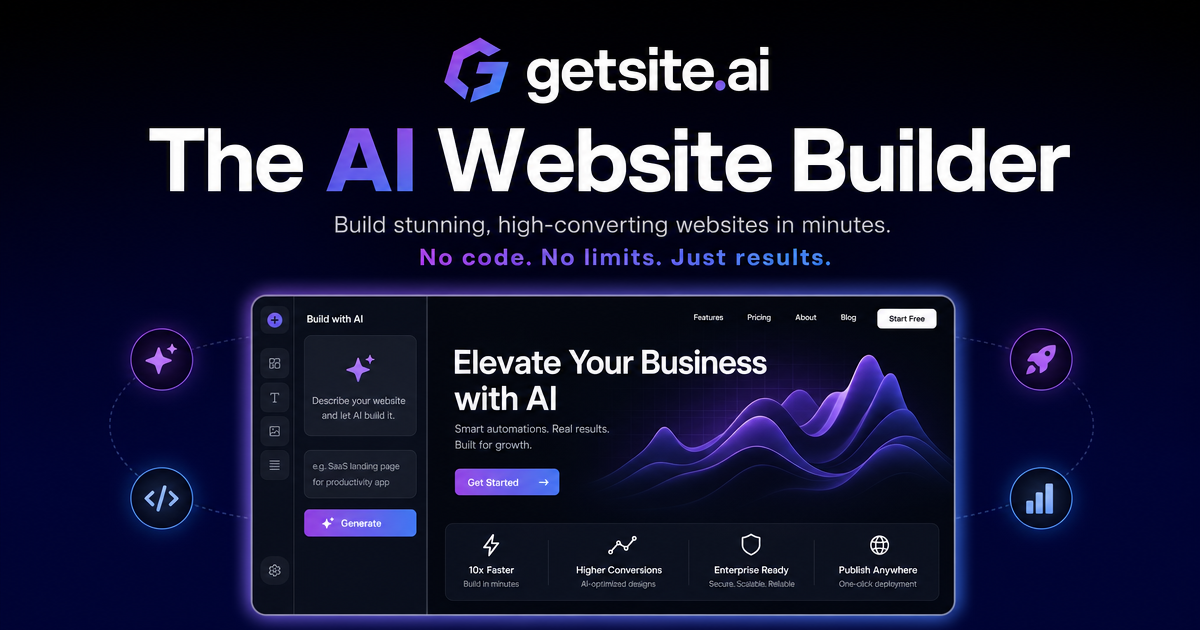Homepage for getsite.ai, The AI Website Builder