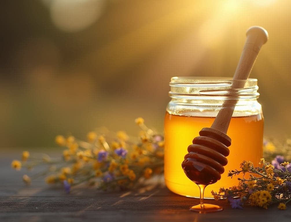 Raw Local Honey Jar with Wooden Dipper and Wildflowers