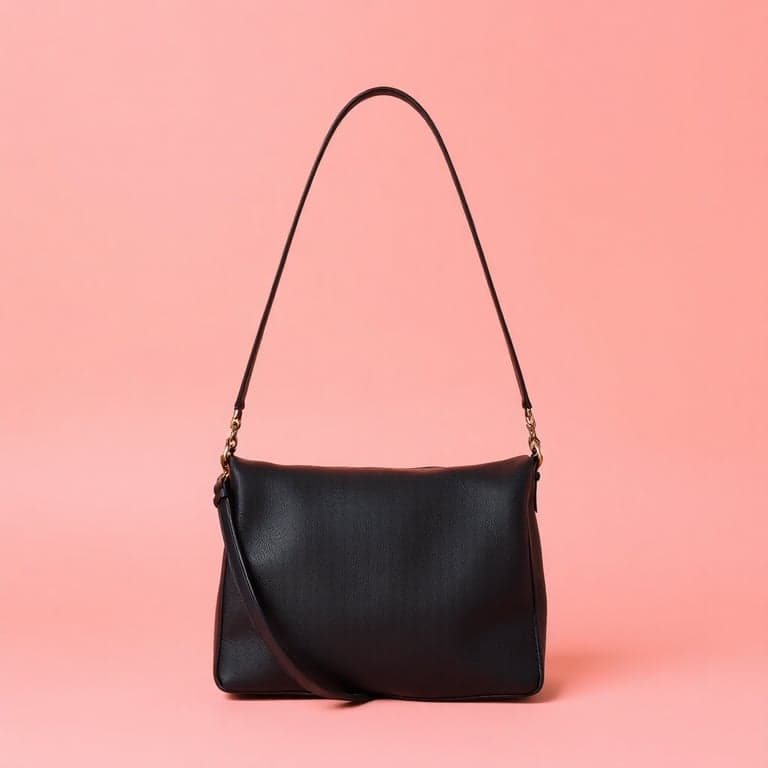 Elegant Black Leather Handbag on Peach Background