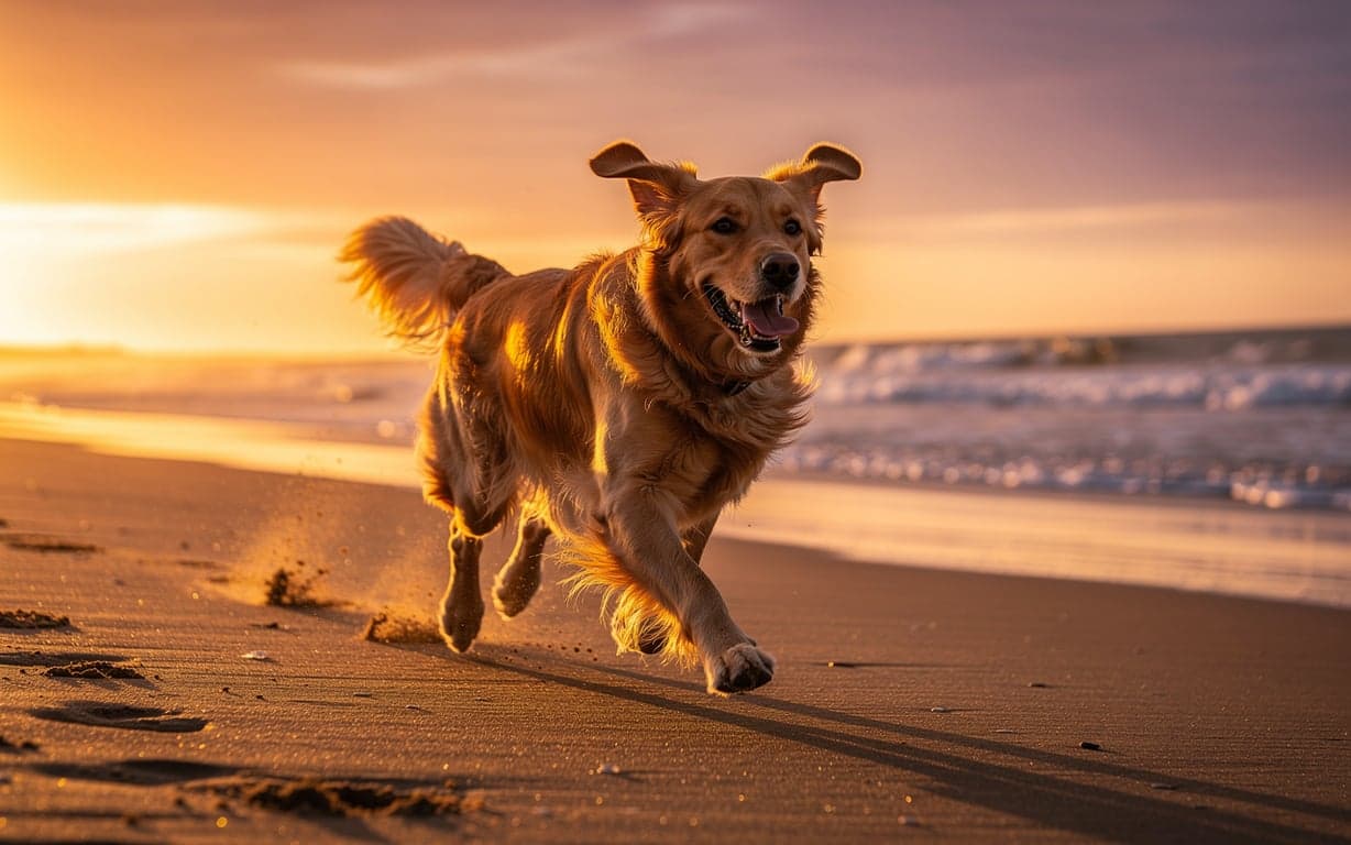 Photorealistic golden retriever running joyfully on a sandy beach at sunset, warm golden light, ocean waves in the background, shallow depth of field, cinematic composition, high detail fur, dynamic motion