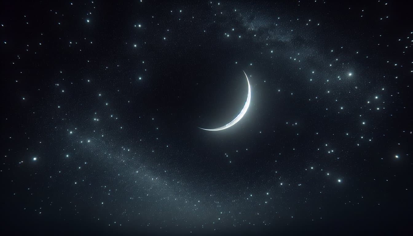 Celestial Calm: Crescent Moon and Starry Night