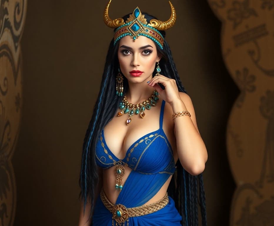 Hathor em Pose Sensual com Chifres Dourados