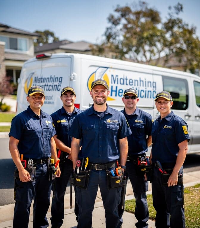 Professional team of master electricians in branded navy blue uniforms with yellow accents standing confidently in front of a clean branded service van, holding tools, daytime, suburban setting, photorealistic, friendly and trustworthy, sharp focus, commercial photography style