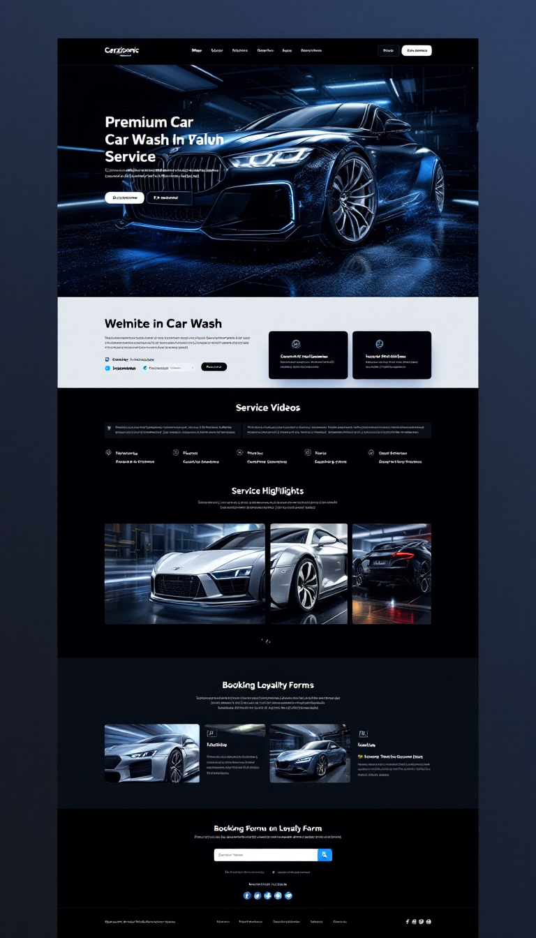 Design a sleek, one-page website for Carziconic, a premium car wash service, featuring a futuristic black, blue, and silver theme. Include smooth animations, high-resolution images, a hero video section, service highlights, customer testimonials, a booking form, and a loyalty program, all optimized for fast loading and SEO.