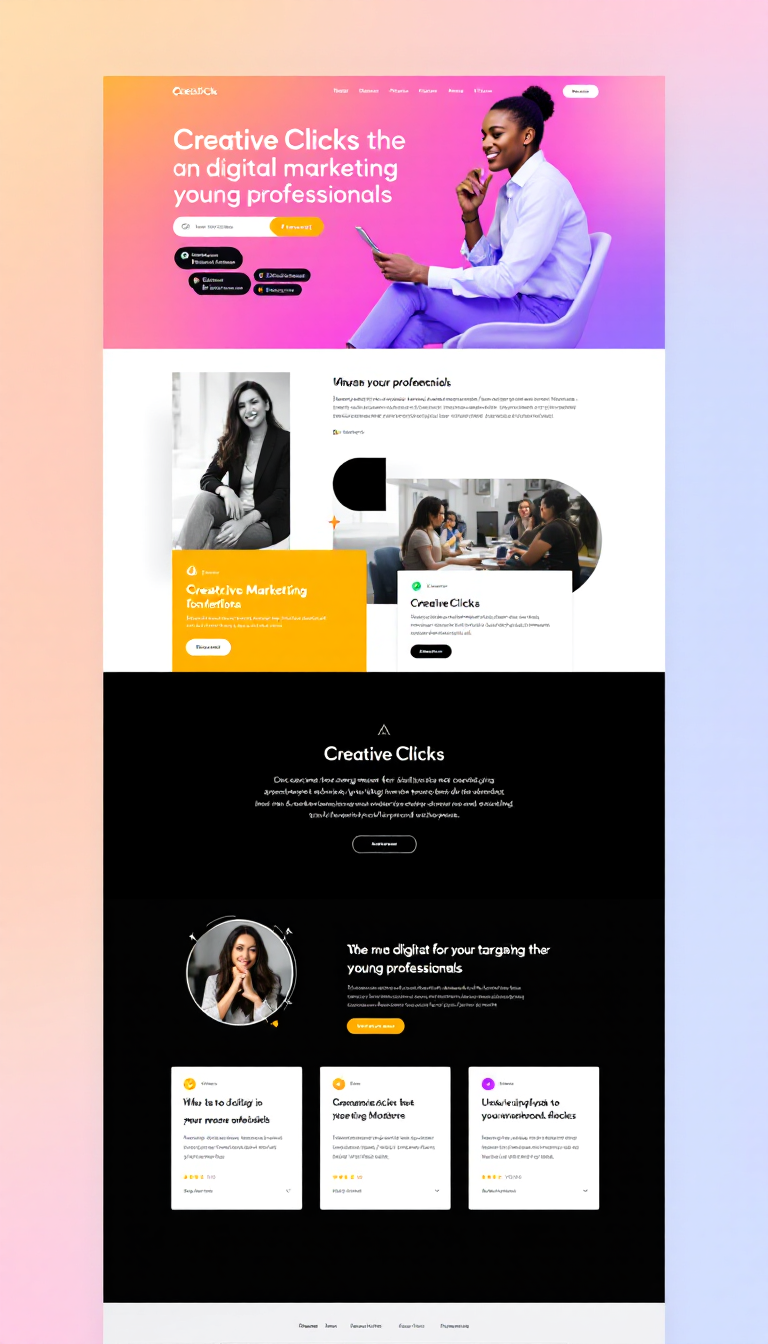 Design a sleek one-page website for "Creative Clicks," a digital marketing service targeting young professionals. Incorporate elegant testimonials and a modern color scheme that reflects the brand’s identity, ensuring a clean and stylish layout.