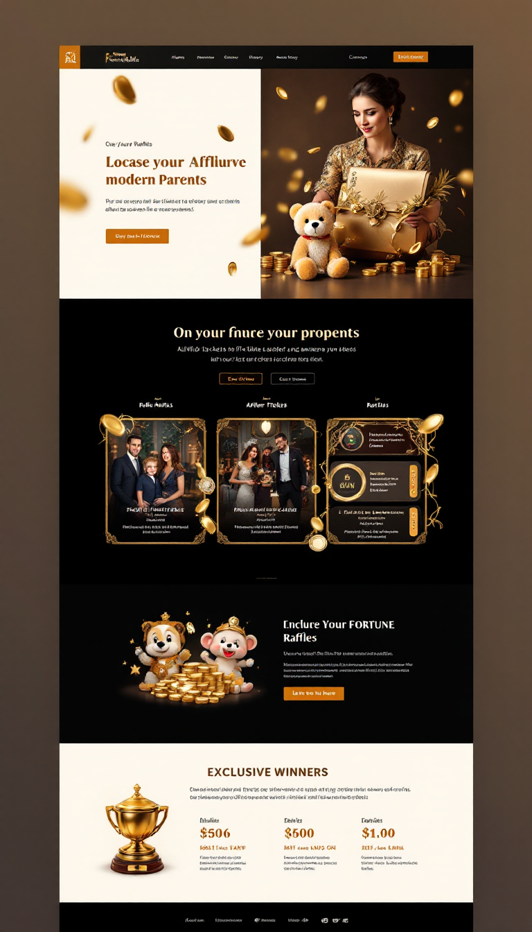 Create a luxurious one-page website for 'FortuneRaffle' targeting affluent modern parents. The design should feature an elegant theme with sections for purchasing raffle tickets after answering a question, displaying multiple raffles with prize details, ticket availability, expiry dates, and an exclusive winners announcement area.