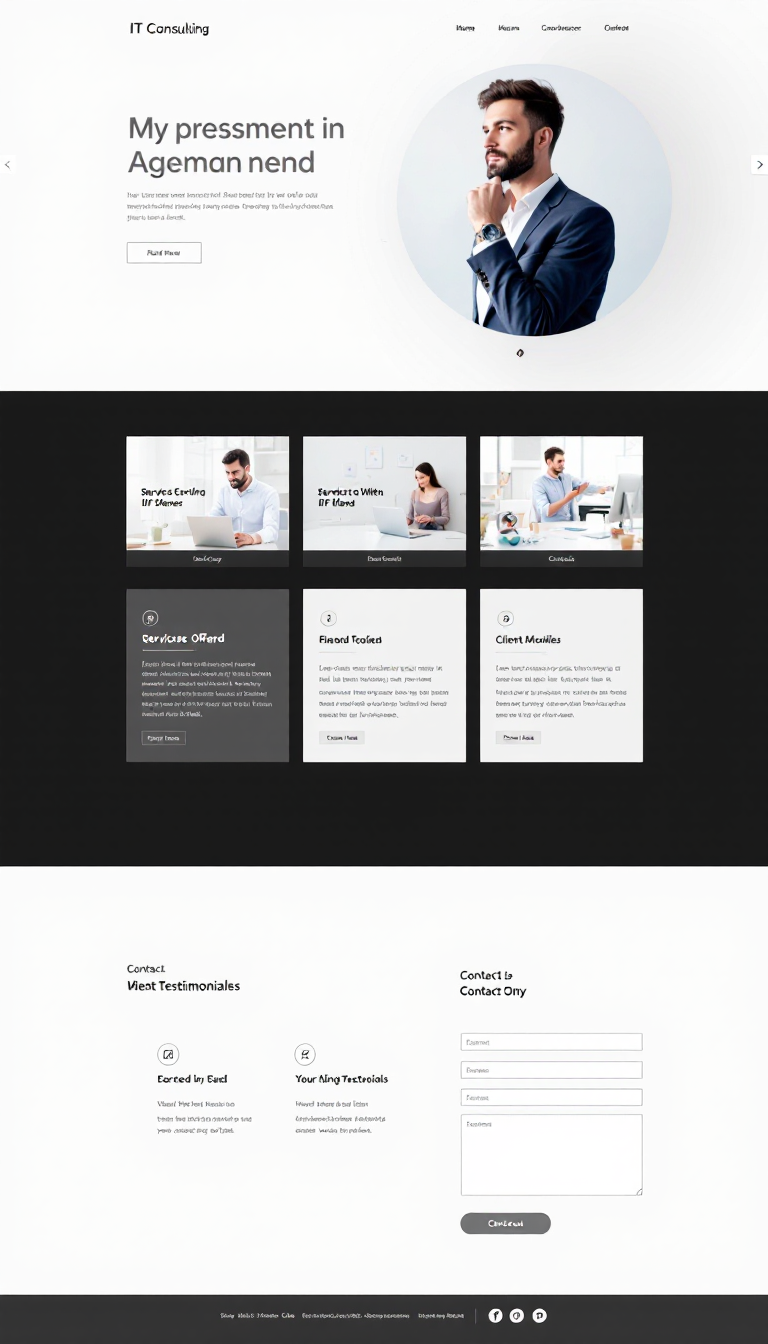 Design a simple, clean one-page website for an IT consulting business, showcasing services offered, client testimonials, and contact information in an organized layout.