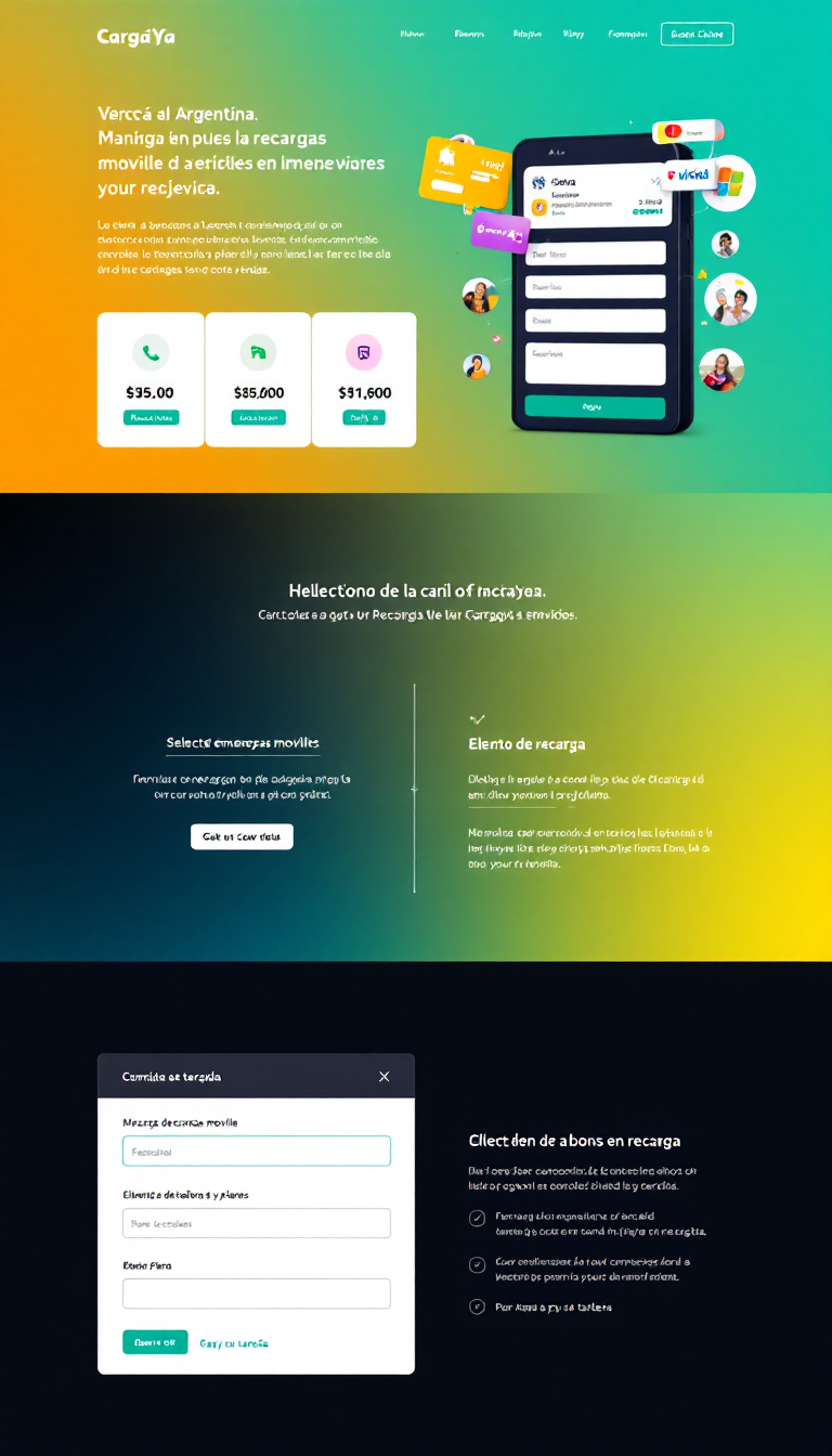 Diseña un sitio web moderno y amigable llamado CargáYa Argentina, dedicado a la venta de recargas móviles y servicios. Incluye un recuadro para seleccionar empresas móviles con imágenes, un formulario para elegir monto de recarga con detalles de bonos y planes, y un formulario de pago con tarjeta. Usa colores vibrantes y claros para una experiencia fácil de usar.