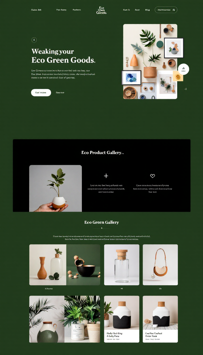 Design a sleek, one-page website for Eco Green Goods that features an engaging product gallery showcasing eco-friendly items. The layout should emphasize a modern, eco-inspired aesthetic, appealing to online shoppers interested in sustainable and unique products.