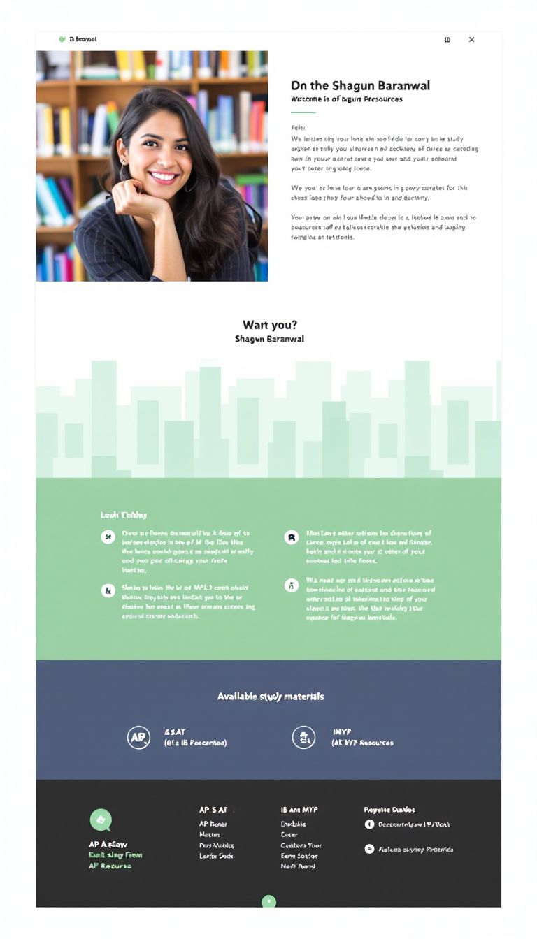 Create a simple one-page portfolio website for Shagun Baranwal, a high school student showcasing AP, SAT, IB, and MYP resources. The design should be clean and user-friendly, highlighting Shagun's academic achievements and available study materials.
