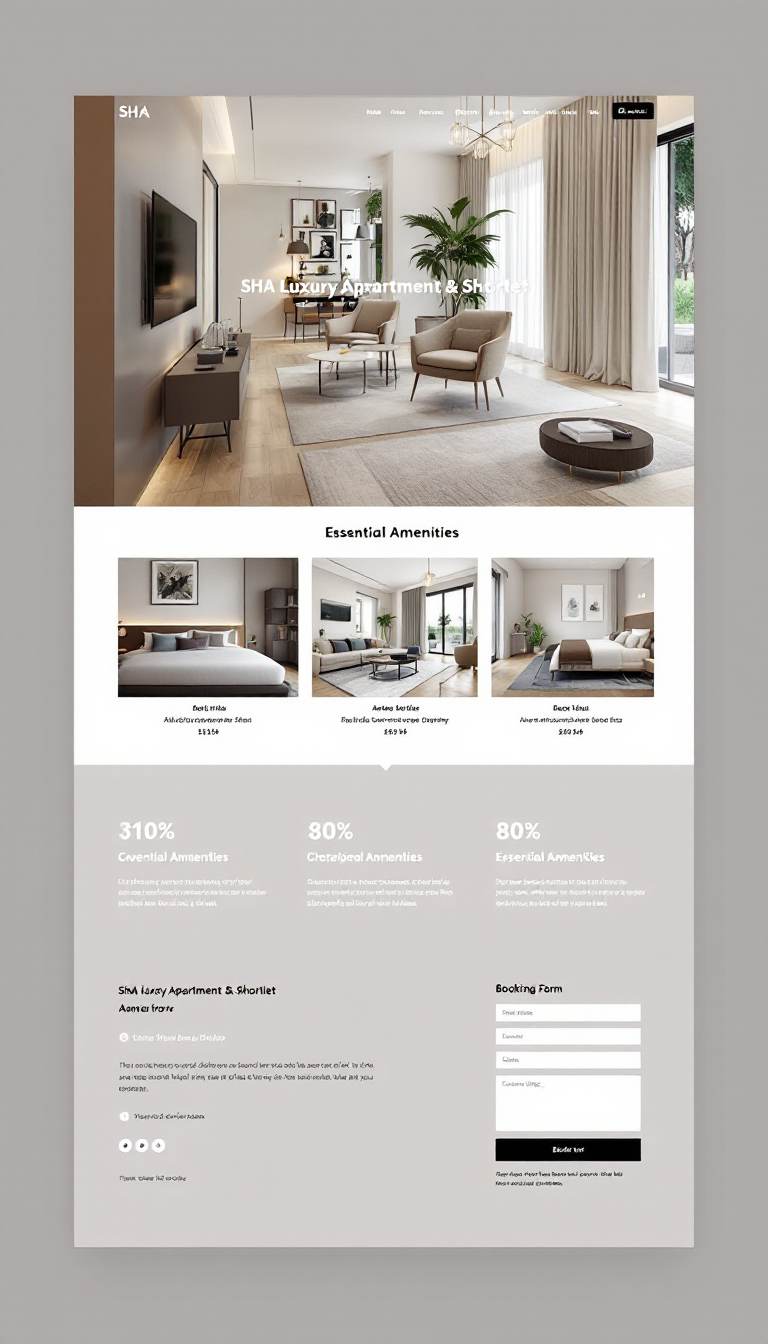 Create a sleek and modern one-page website design for SHA Luxury Apartment and Shortlet, showcasing elegant images of the property, essential amenities, and a booking form. Ensure it has a clean layout and a sophisticated color palette.