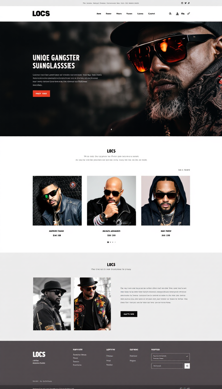 Create a one-page eCommerce website showcasing Locs gangster sunglasses, emphasizing their unique American style and hardcore cholo attitude. Include a visually striking layout with product images and a simple purchasing option.