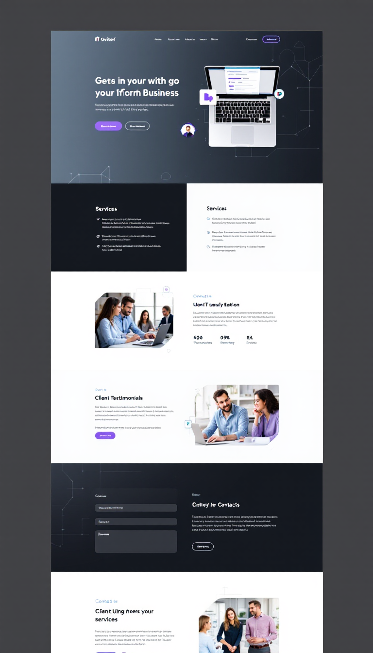 Design a simple one-page website for an IT consulting business, featuring sections for services, client testimonials, and contact information, with a modern and professional layout. Use a clean design and a tech-inspired color scheme.