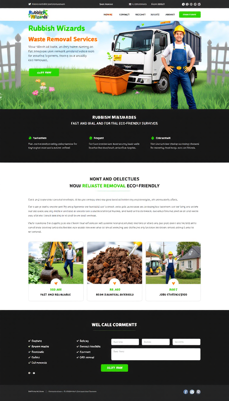 Design a one-page website for Rubbish Wizards, a waste removal business specializing in eco-friendly services. Highlight fast and reliable waste removal for green waste, building materials, and office supplies, with jobs starting from $100 and a Bobcat available for soil removal.