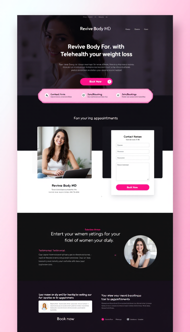 Design a modern one-page landing site for Revive Body MD, a telehealth weight loss service for women aged 25-50. Use a color scheme of pink, black, and white, featuring a contact form, ZohoBookings for appointments, and a testimonial section. Highlight the main call-to-action 'Book Now' in a clean, visually appealing layout.