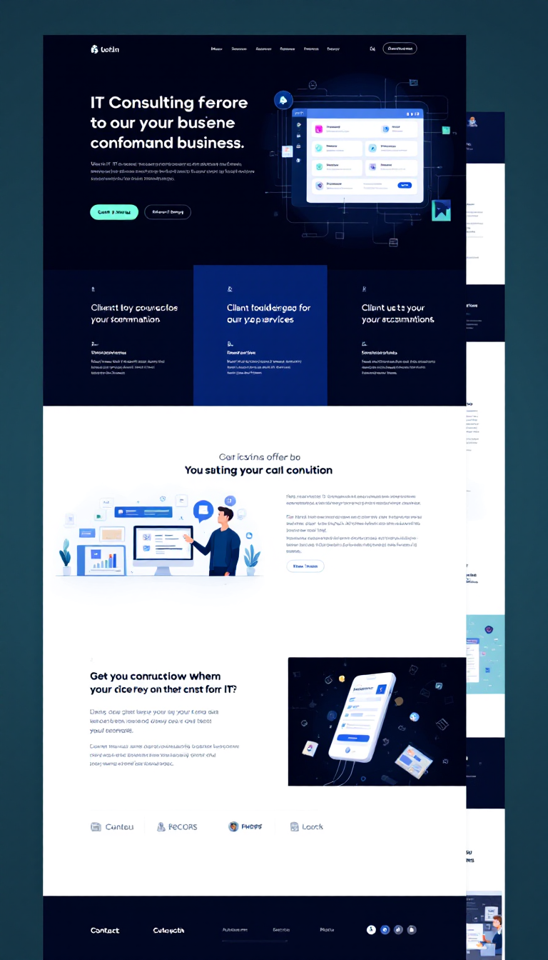 Design a simple one-page website for an IT consulting business, featuring a professional layout with sections for services offered, client testimonials, and contact information. Use a clean and modern aesthetic with a tech-inspired color scheme.