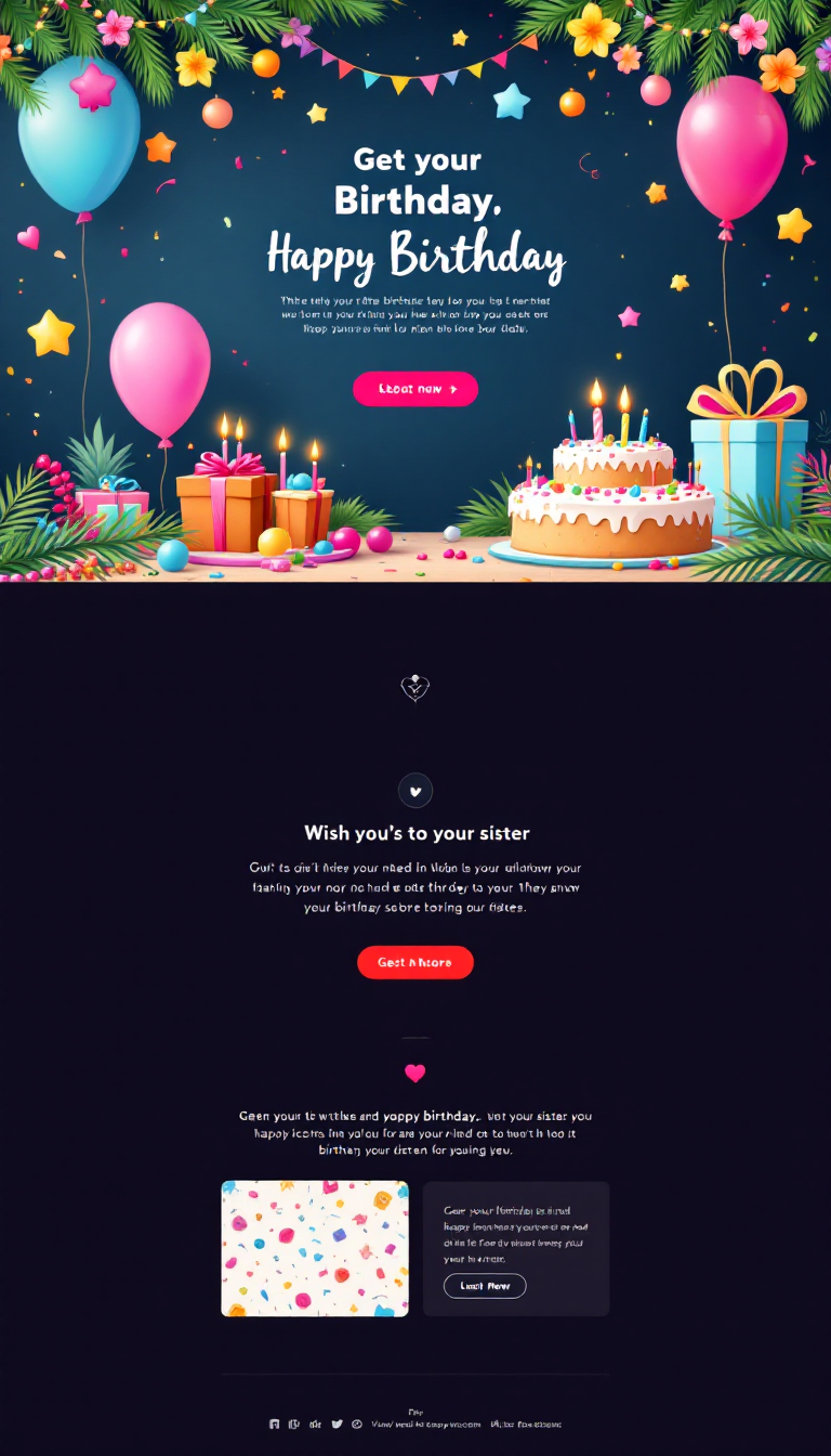Create a simple one-page website design dedicated to wishing a happy birthday to a sister, featuring cheerful colors, festive decorations, and a heartfelt message. The layout should be clean and user-friendly, perfect for a birthday tribute.