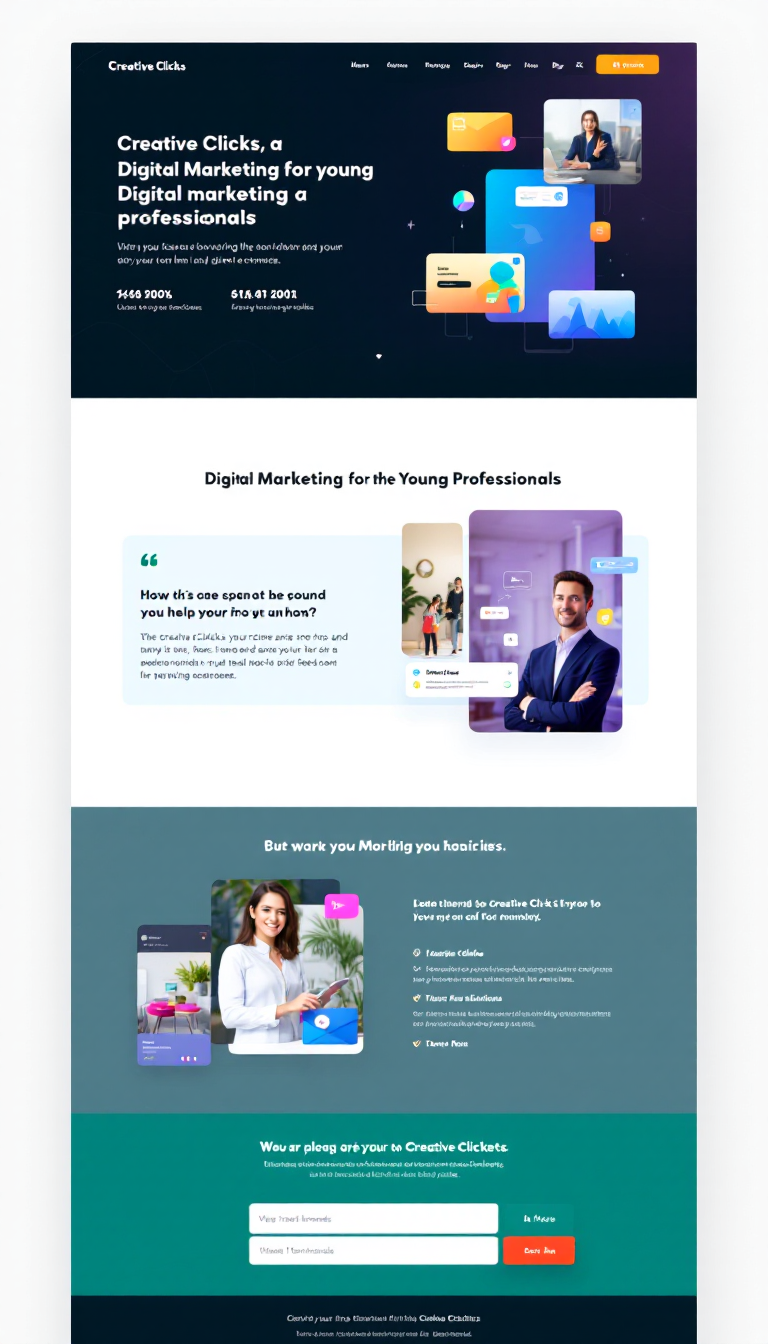 Design a sleek one-page website for Creative Clicks, a digital marketing service aimed at young professionals. Incorporate an elegant layout featuring modern color schemes, with a dedicated section for testimonials to enhance credibility.