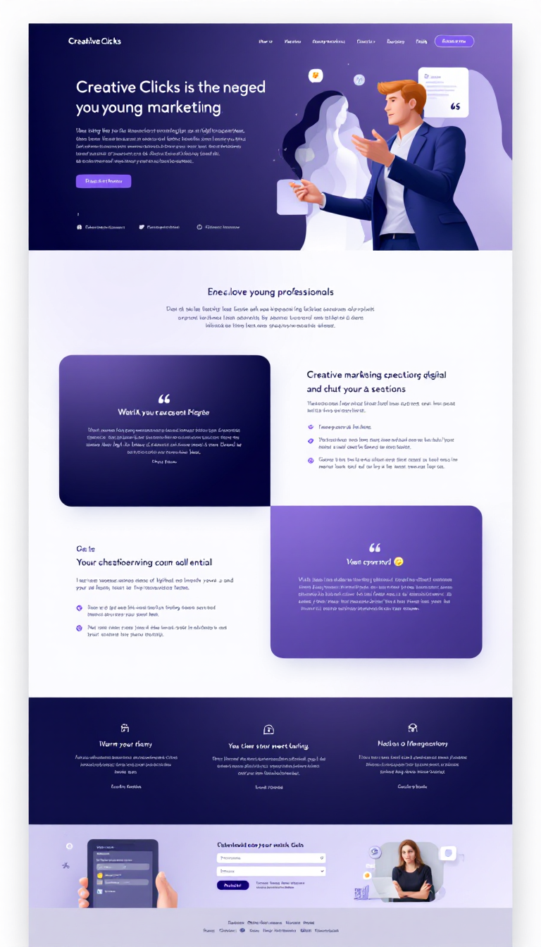 Design a sleek one-page website for Creative Clicks, a digital marketing service aimed at young professionals. Incorporate elegant testimonials and a modern color scheme that reflects the brand's identity while maintaining a clean and sophisticated aesthetic.