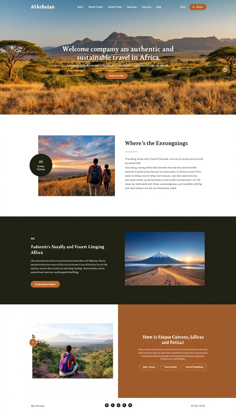 Create a simple one-page website for Alkebulan, a travel company dedicated to authentic and sustainable travel in Africa. Highlight unique travel experiences in destinations like Tanzania, Kenya, and Uganda, emphasizing safaris, cultural excursions, and mountain climbing.