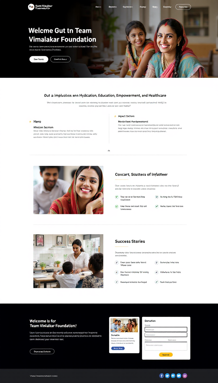 Create a modern, one-page website for Team Vimalakar Foundation, an NGO in Hyderabad focused on Education, Empowerment, and Healthcare. The site should feature a hero section, mission statement, impact statistics, success stories, donation options, and volunteer sign-up forms, all designed for an engaging user experience.