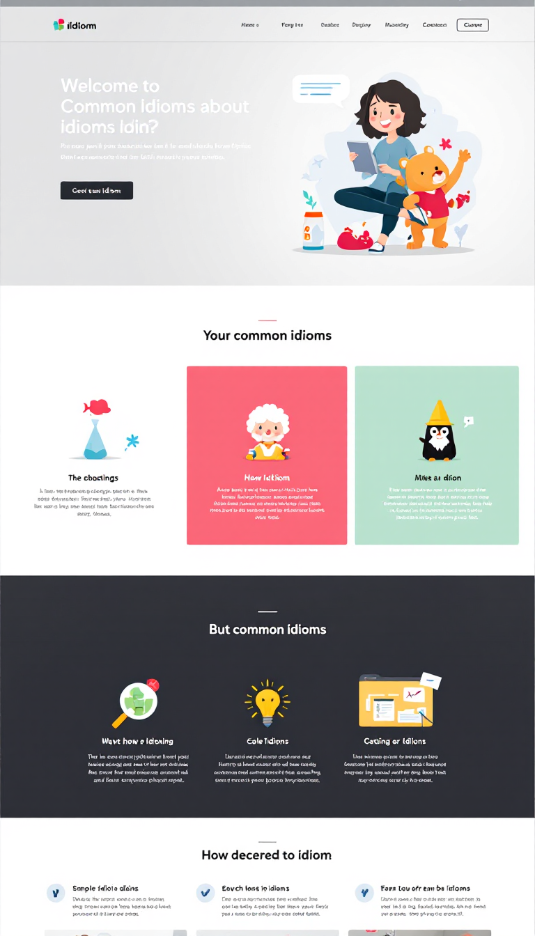 Create a simple one-page website centered around common idioms, featuring clean design elements and easy navigation. Include visually appealing graphics and concise explanations for each idiom.