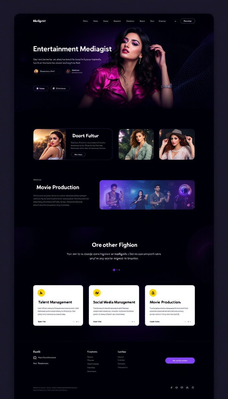 Create a modern, sleek one-page website for Mediagist, an entertainment company focused on talent management, social media management, and movie production. The design should embody a bold and futuristic aesthetic that captures the glamorous and dynamic essence of the entertainment industry.