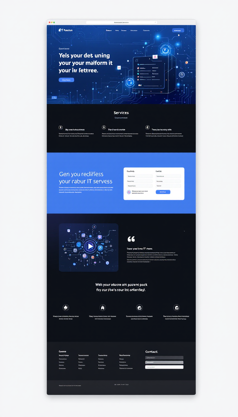 Design a simple and clean one-page website for an IT business, featuring a professional layout, clear sections for services, testimonials, and contact information. Incorporate modern design elements and a tech-inspired color scheme.
