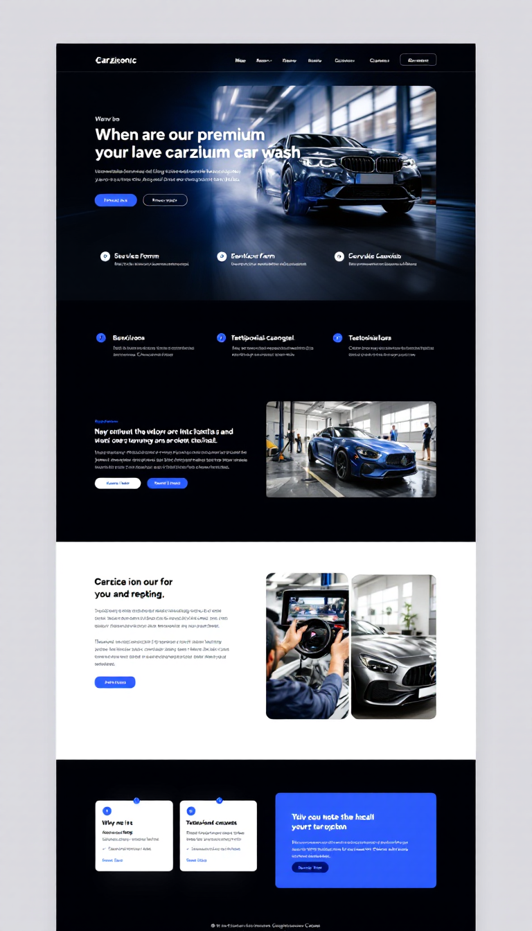 Design a sleek, one-page website for Carziconic, a premium car wash service, using a black, blue, and silver theme. Include an engaging video hero section, service highlights, a booking form, a testimonials carousel, and a contact area with Google Maps integration.