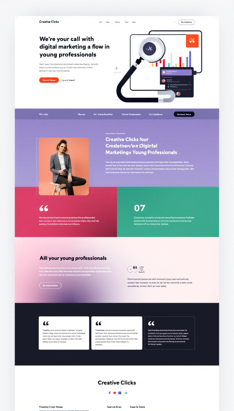 Design a sleek one-page website for "Creative Clicks," a digital marketing service aimed at young professionals. Highlight testimonials, incorporate modern color schemes that align with the brand, and maintain a clean, elegant layout.