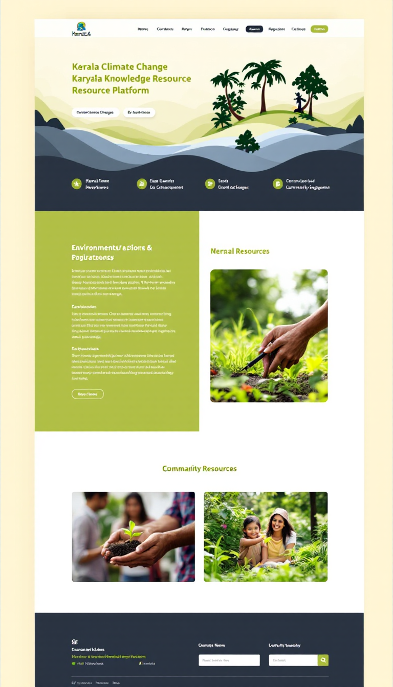 Create a simple, one-page website design for the Kerala Climate Change Knowledge Resource Platform, emphasizing environmental awareness and educational resources. The layout should be clean and visually appealing, featuring sections for information, resources, and community engagement.