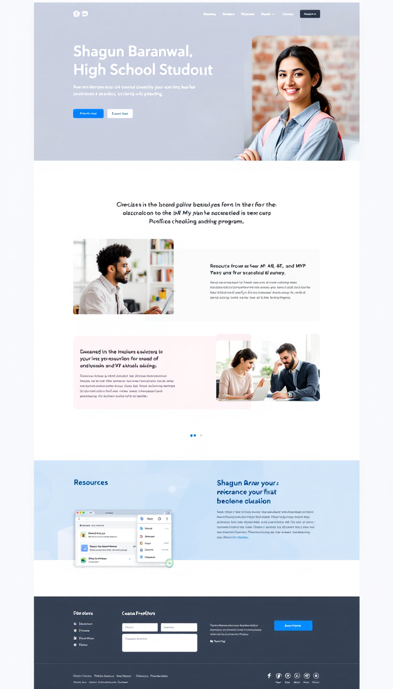Create a one-page portfolio website for Shagun Baranwal, a high school student. The site should showcase resources for AP, SAT, IB, and MYP programs, highlighting her academic achievements and offerings in a clean and organized layout.