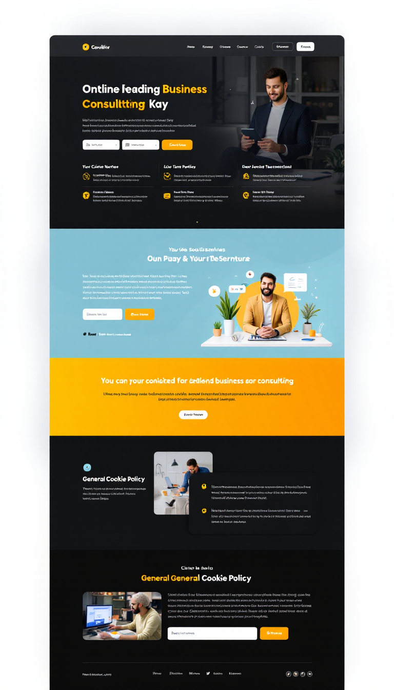Design a simple and clean one-page business consulting website that includes sections for services, client testimonials, and general cookie policy details.