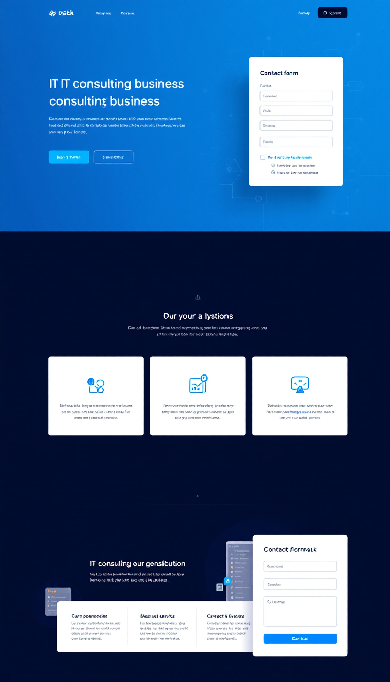 Design a clean and modern one-page website for an IT consulting business, featuring a professional layout, clear service descriptions, and a contact form. Include a tech-themed color palette and sleek typography.