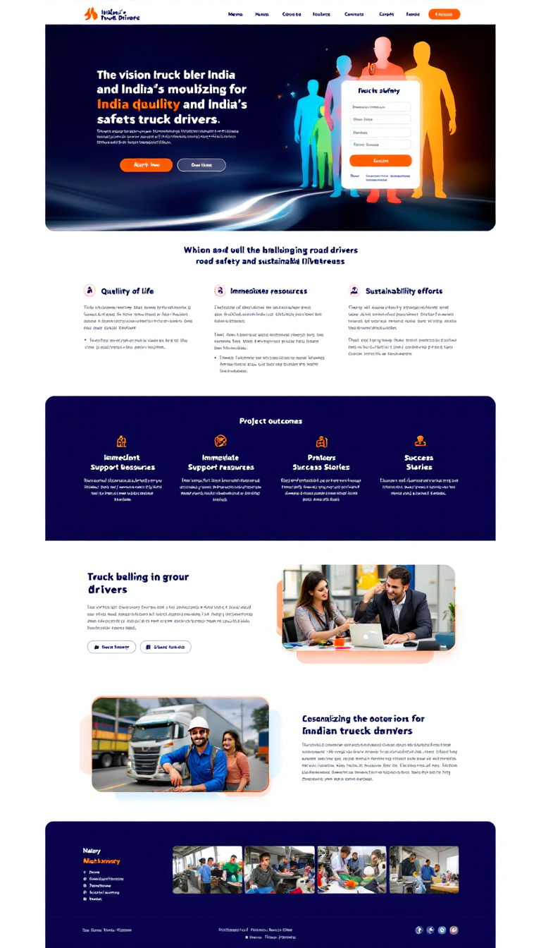 Create an impactful one-page website focused on the vision and wellbeing of India's truck drivers, emphasizing road safety and sustainable livelihoods. Include sections on the quality of life, immediate support resources, sustainability efforts, project outcomes, success stories, partners, and a vibrant gallery of images and videos showcasing Indian truck drivers.