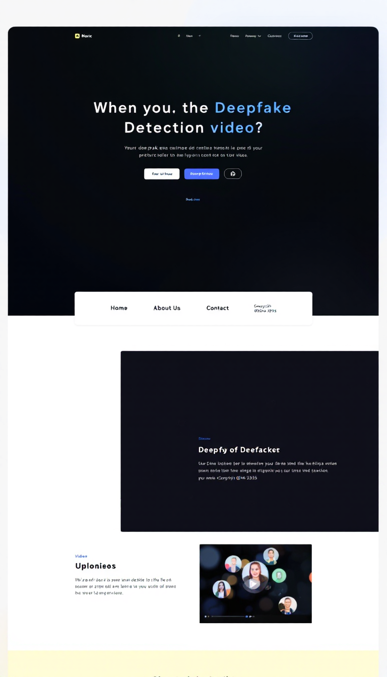 Design a dark-themed homepage for a deepfake detection site featuring a video upload option. Include a modern navigation menu for Home, About Us, and Contact, with space for a logo at the navbar. The footer should display "Copyright @2024-2025," and the overall design should be creative and visually appealing.