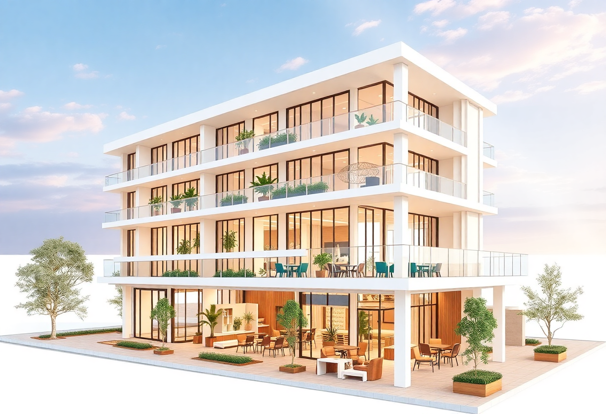 hotel building structural design with multiple floors and amenities