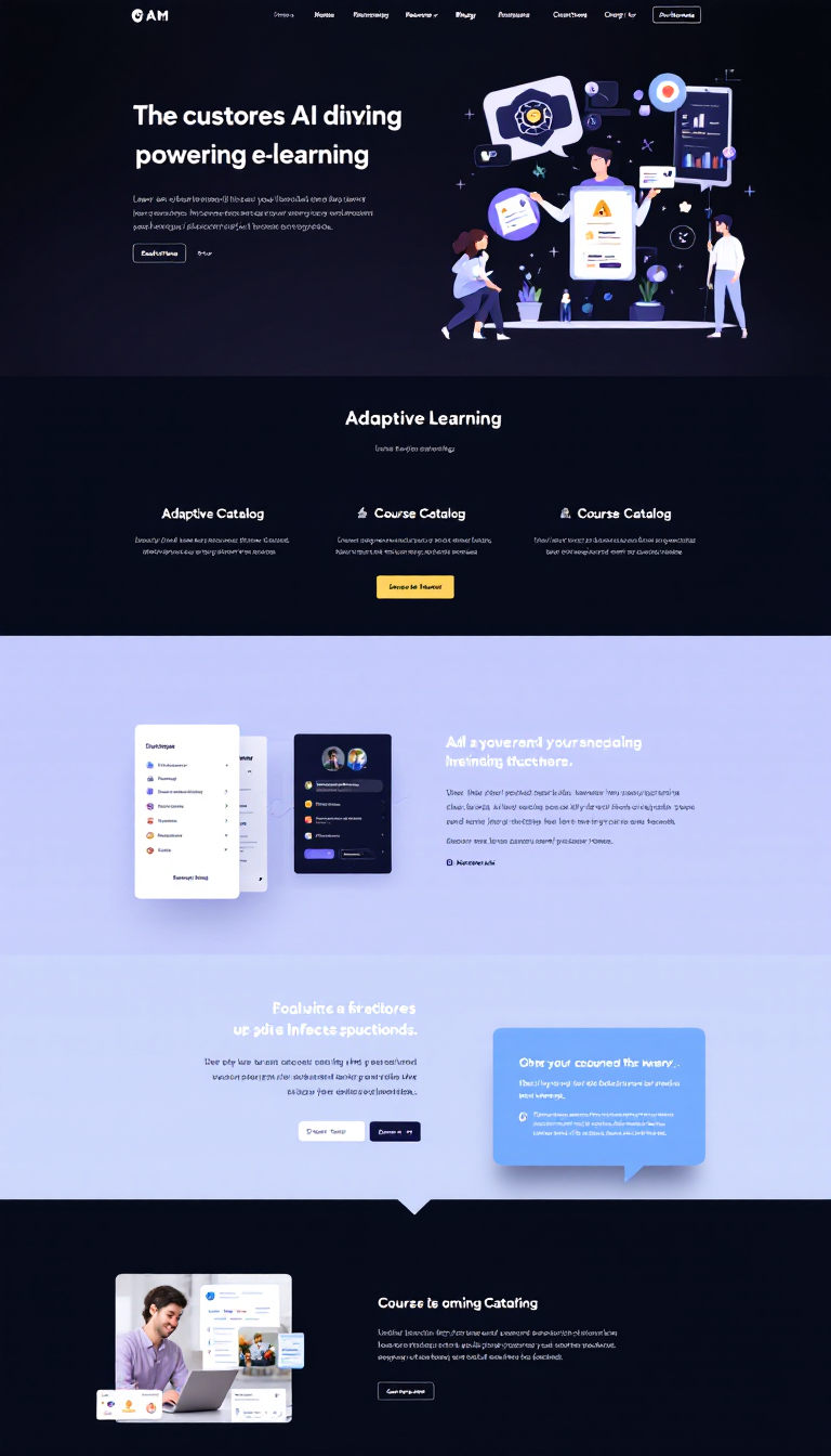 Design a simple one-page website for an AI-powered e-learning platform showcasing features like adaptive learning, course catalog, and user testimonials. Include a clean layout with engaging visuals and a user-friendly interface.