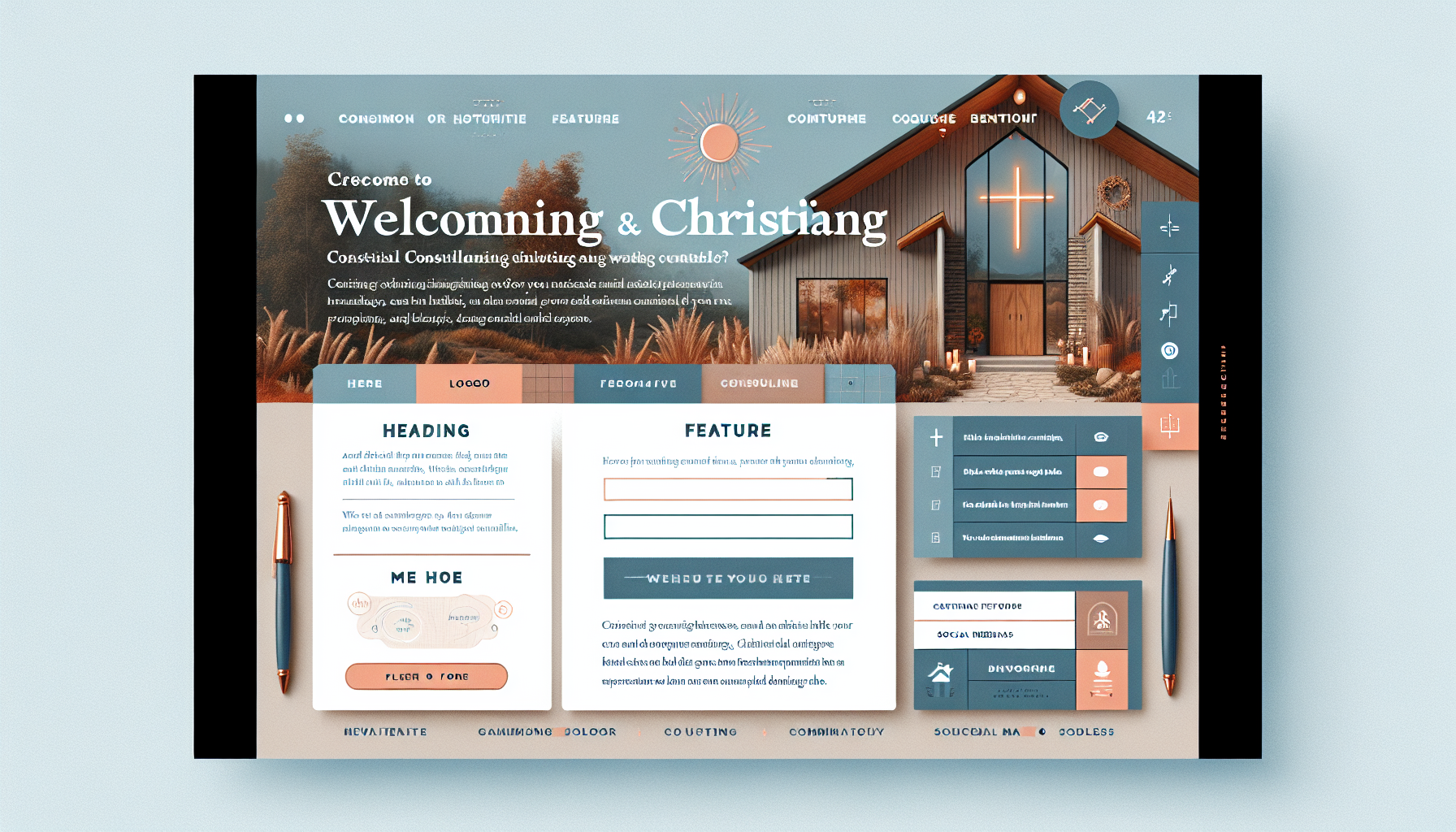 A modern and inviting Christian consulting website layout, featuring a header with a logo, navigation links, a hero section with an inspirational image and a call to action, sections for features, a form for visitor data, and a social media links section with friendly text inviting users to connect. The overall design should be warm and welcoming, with soft colors and clear typography.