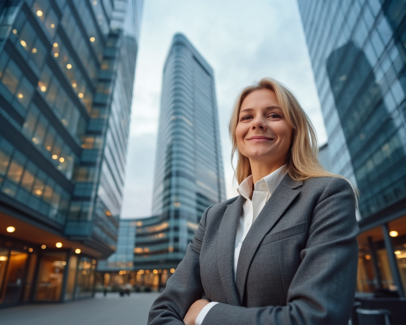 Professional working in Germany with modern office buildings in background