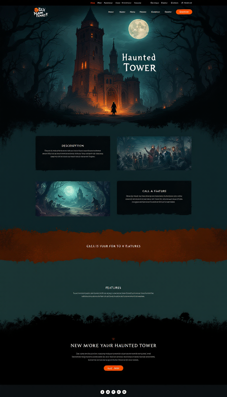 Design a one-page website for a game called "Haunted Tower," featuring a spooky theme and sections for game description, features, and a call to action. Include captivating visuals and a user-friendly layout.