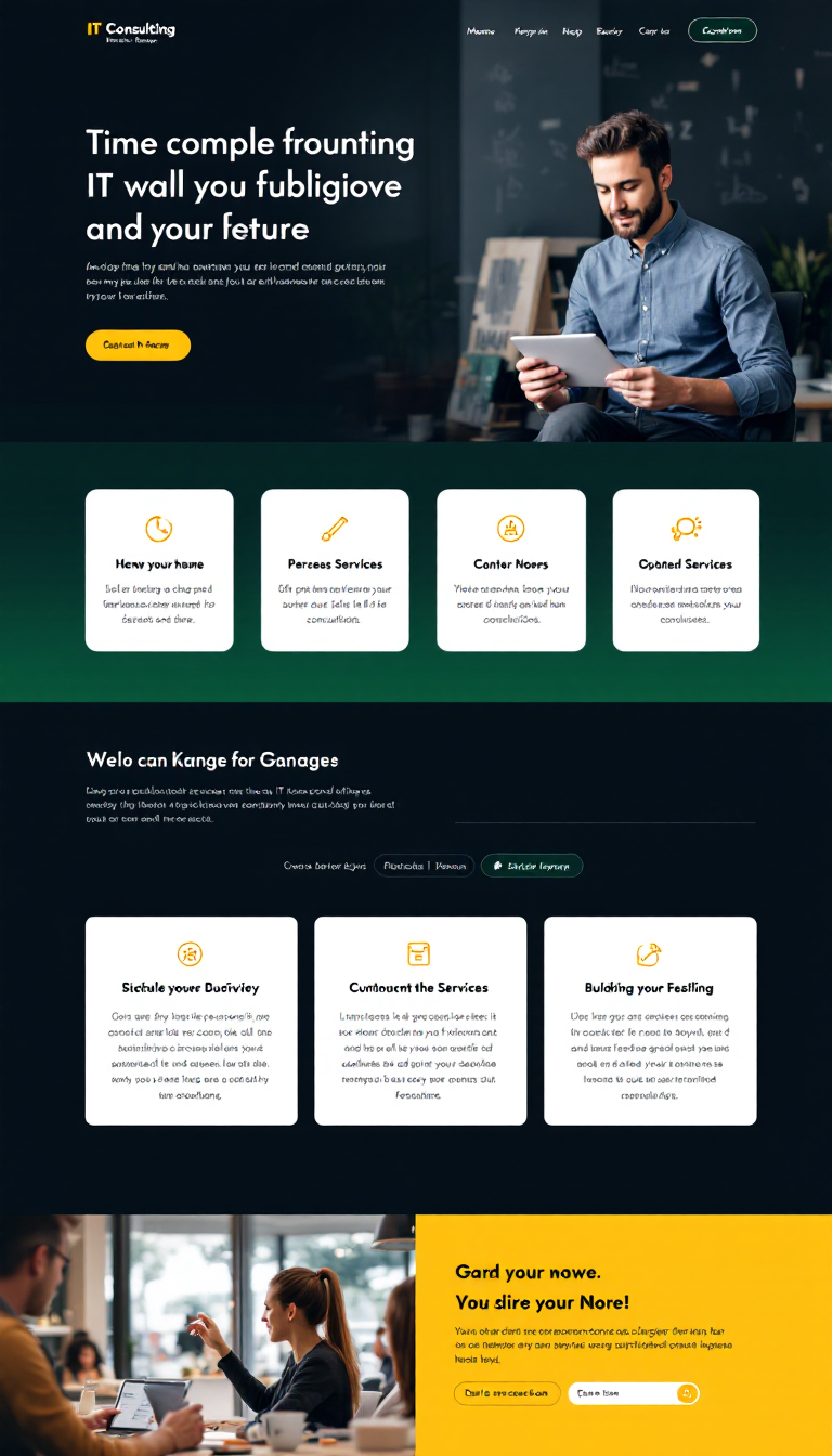 Design a simple one-page IT consulting landing page featuring a professional layout, clear sections for services offered, a brief introduction, and prominently displayed contact information.