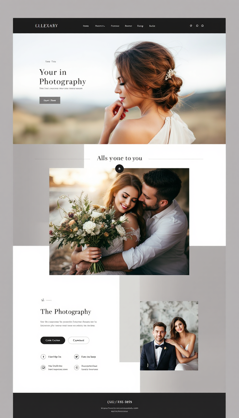 Design a simple, one-page website for a photography business featuring a clean layout, a stunning hero image, a showcase of the photographer's portfolio, and contact information. Emphasize an elegant and professional aesthetic.