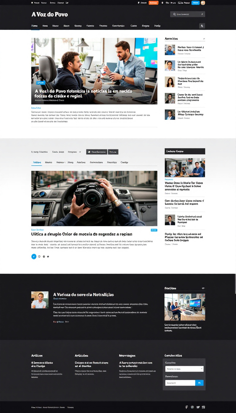 Crie um site de jornalismo simples e clean intitulado "A Voz do Povo", focado em notícias da cidade e região. O layout deve ser intuitivo, com seções para últimas notícias, artigos, e informações sobre a equipe.