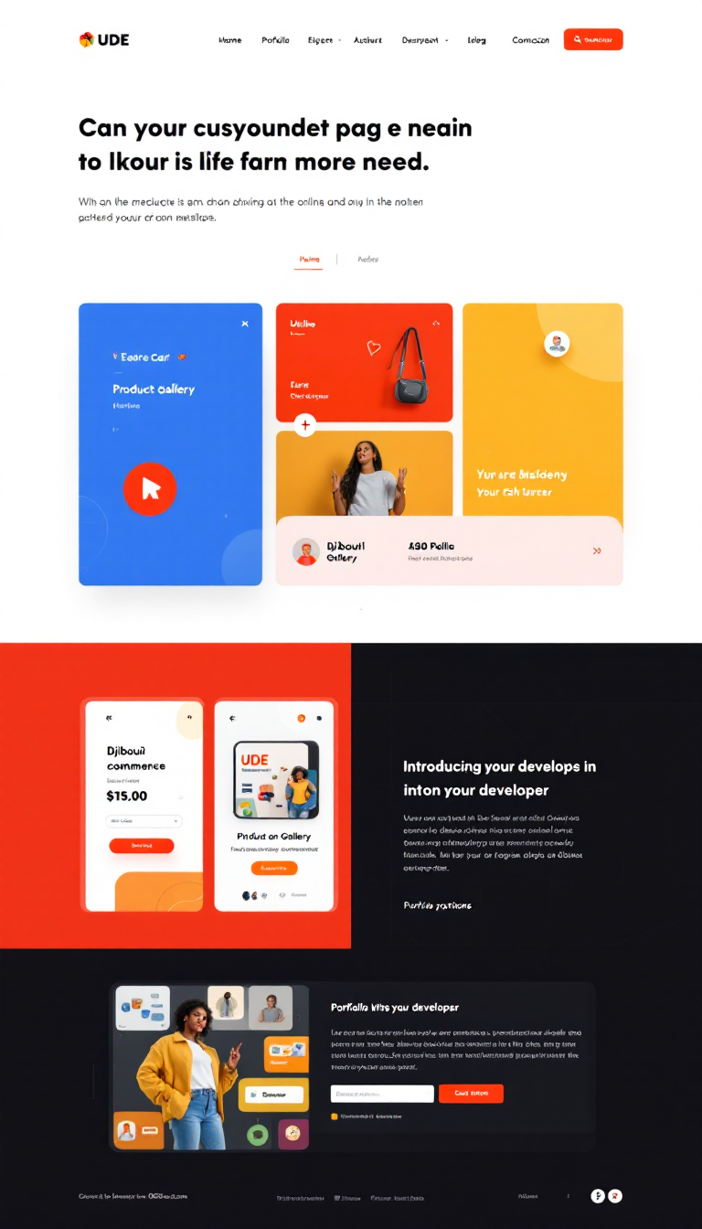 Design a one-page e-commerce website for UDE with a modern aesthetic inspired by the colors of Djibouti's flag. The site should cater to online shoppers, featuring a shopping cart, product gallery, payment options, and a portfolio section introducing the developer.